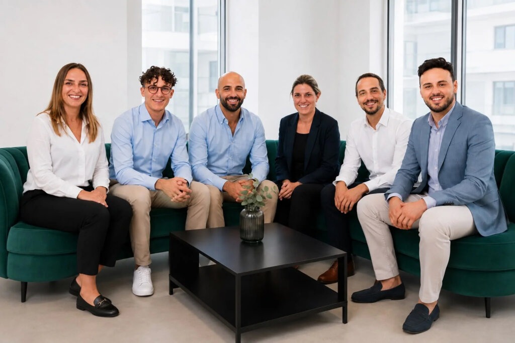 Team sitzt gemeinsam auf Sofas im modernen Büro